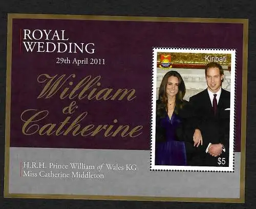 Kiribati 2011: Royal Wedding William & Catherine, Block mnh, **