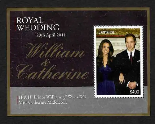 Jamaica 2011: Royal Wedding William & Catherine, Block mnh, **