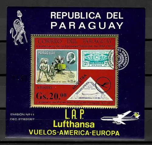 Paraguay: Block #167, Apollo 12, Lufthansa Vuelos-America-Europa, mnh, **