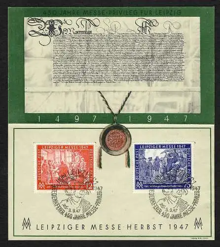 SBZ: Leipziger Messe 1947 auf Falt-Gedenkblatt mit Sonderstempel 3.9.47