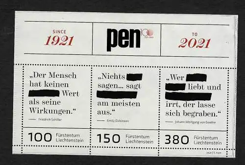 Liechtenstein 2021: 100 Jahre PEN International, Block zum rubbeln, **