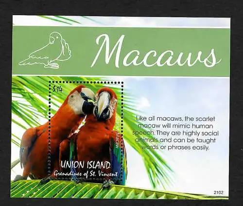 Grenadines of St. Vincent 2021: Macaws - Papageien, postfrisch