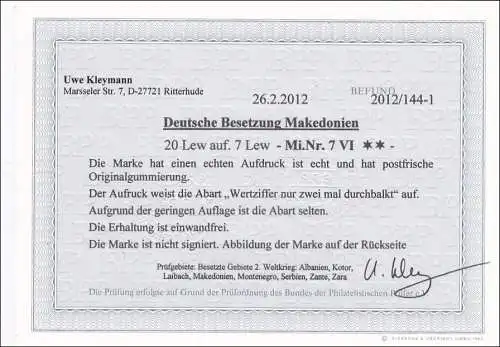Makedonien, MiNr. 7 VI, ** postfrisch, mit BPP Befund Kleymann