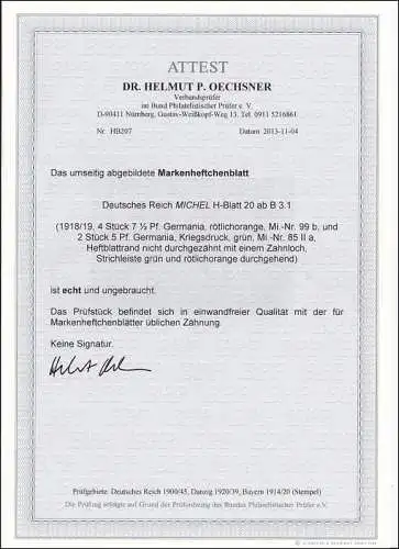 DR MiNr. MH Bl.20 ab B 3.1, *, ungebraucht, BPP Attest Oechsner