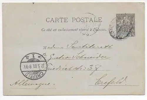 franz. Indien: Postkarte Pondischerry 1901 nach Krefeld