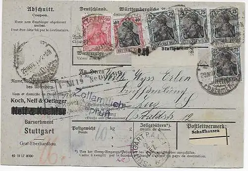 Paketkarte Buchhandlung Leipzig nach Zug 1916 zollfrei über Lindau