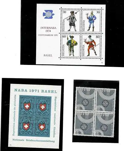 Schweiz: 1x Block 1974, 1x Block 1971 gestempelt, 1x Viererblock postfrisch