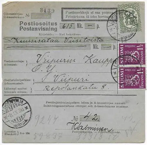 Finnland 1930: Paketkarte Lahdenponja