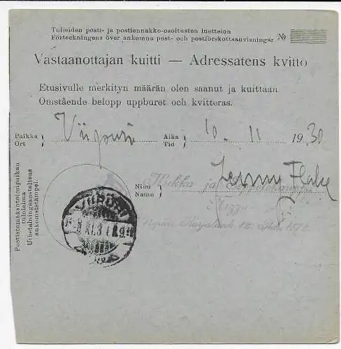 Finnland 1930: Paketkarte Lieksa nach Viipuri