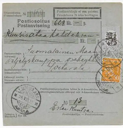 Finnland 1930: Paketkarte Lumivaara  nach Sortavala