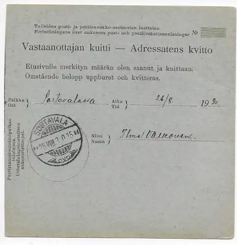 Finnland 1930: Paketkarte Lumivaara  nach Sortavala