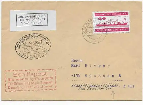 DDR: Schiffspost Brandenburg-Potsdam: Elbe-Havelschau, Dampfer 1957