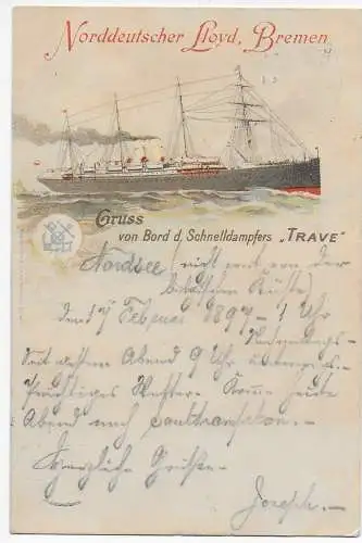 Ansichtskarte Schnelldampfer NDL Trave, 1897 Bremen nach Darmstadt