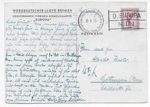 Ansichtskarte Dampfer Europa: N.D.L. Seepost nach Göttingen 1933