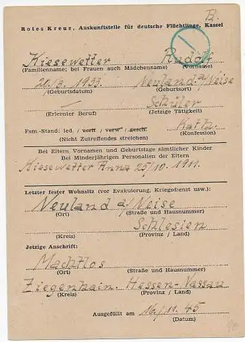 Ganzsache 1945 Überstempelt, Suchdienst Rotes Kreuz, Flüchtlinge, ausgefüllt