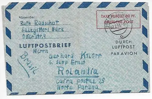 Bund 1951: Gebühr bezahlt Salzgitter nach Rolandia/Brasilien, Luftpost 4F
