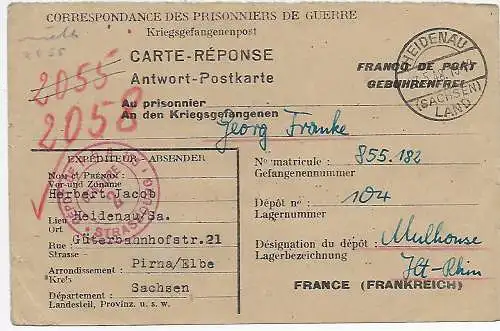 Kgf/PoW: Heidenau 1948 nach Mulhouse, France, Zensur