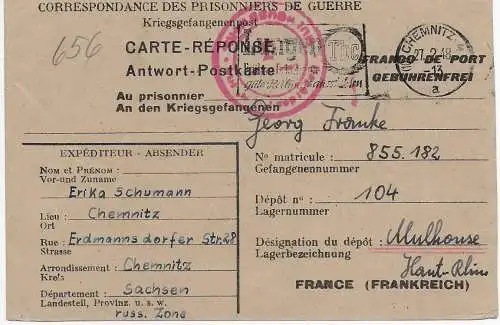 Kgf/PoW: Chemnitz 1948 nach Mulhouse, France, Zensur