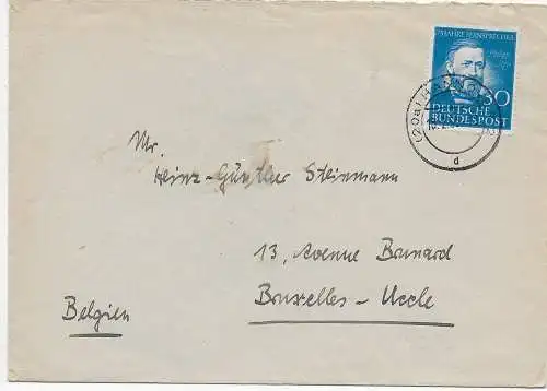 Bund 1953: Brief von Hannover mit MiNr. 161 nach Belgien, EF