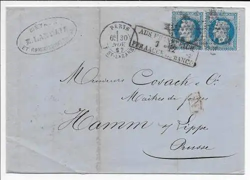 Frankreich: 1867 Paris nach Hamm, Grenzübergangsstempel