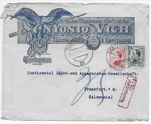 Spanien 1930: Cartagena nach Frankfurt mit Nachporto
