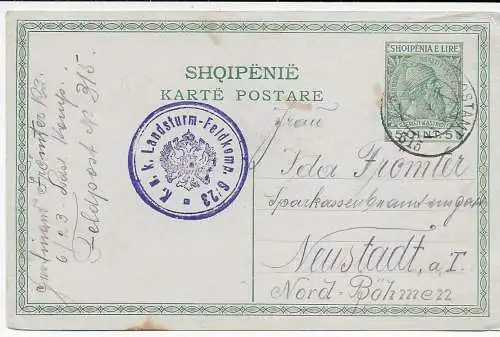Albanien: KuK Landsturm Feldpost nach Neustadt/Böhmen
