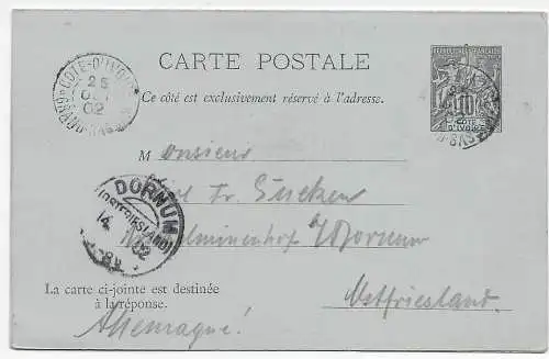 Frankreich Cote D' Ivoire 1902: Post card to Dornum, Doppelkarte