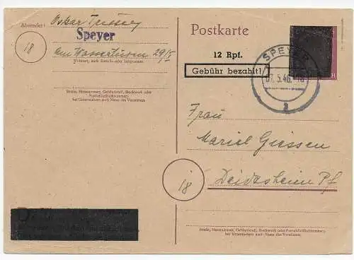 Franz. Zone: Not-Ganzsache Speyer 1946 nach Deidesheim, Gebühr bezahlt