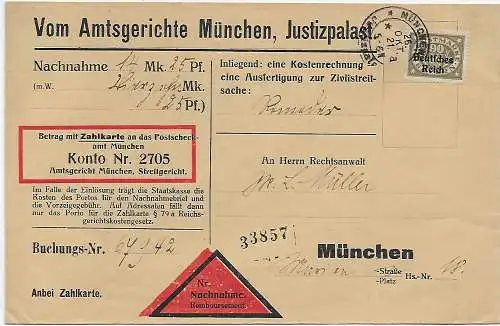 DR: Amtsgericht München, Justizpalast, Nachnahme an Anwalt in München 1921
