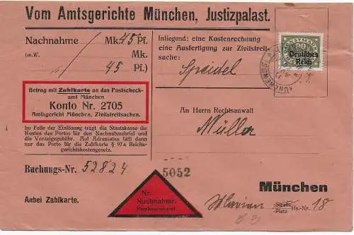 DR: 1920 Amtsgericht München, Justizpalast, Nachnahme an Anwalt in München