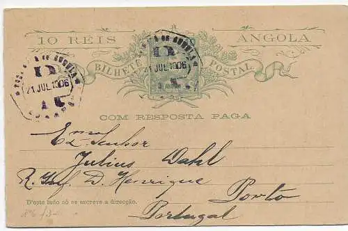 Portugal/Angola: 1906 Post Karte nach Porto, Doppelkarte