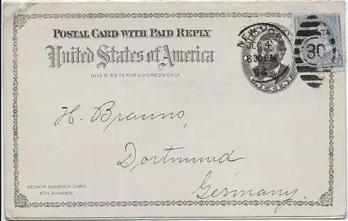 USA: Postal card with paid reply New York 1894 to Dortmund, double card