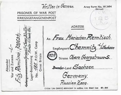 GB: Kgf/PoW: #185 Springhill Camp Blockley to Chemnitz, 1947