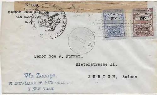 El Salvador Banco Occidental 1915 nach Zürich/CH, Zensur, Via Zacapa
