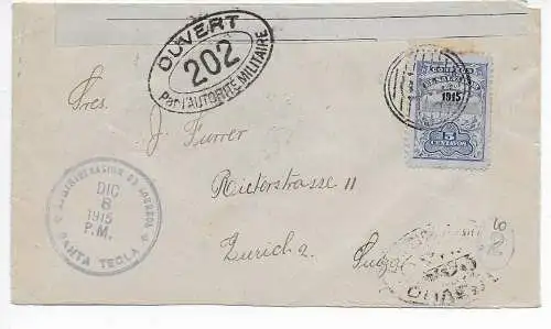El Salvador 1915 nach Zürich/CH, Zensur, Santa Tecla