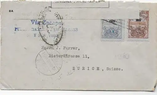 El Salvador 1916 nach Zürich/CH, Zensur Via Zacapa Puerto Barrios/New Orleans NY