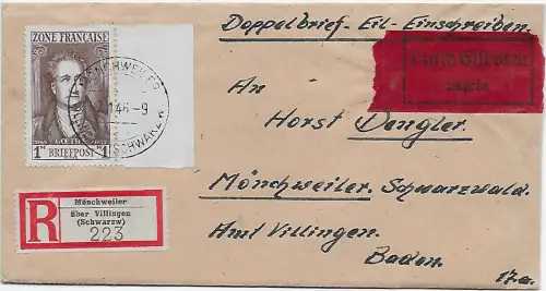 Franz. Zone 1946: Eilboten-Einschreiben Mönchweiler/Villingen