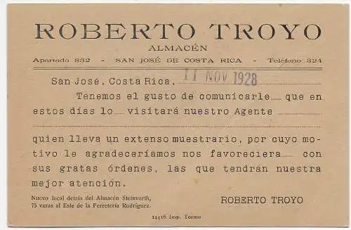 Costa Rica: 1928 post card  Almacén nach Turrialba