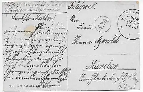 AK Marinesoldat auf Insel-Gerettet: Marine Schiffspost - S.M.S. Kaiser #59, 1916