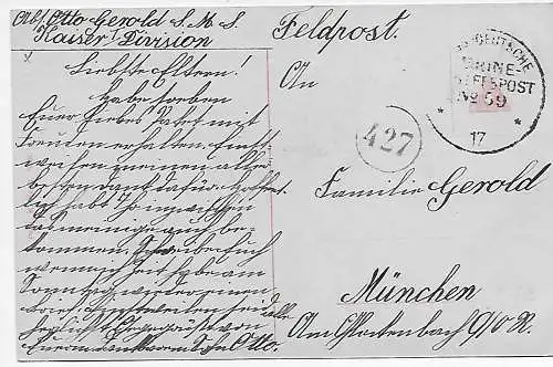 Fotokarte: Schwere Hochgeschütze: S.M.S. Kaiser 1917 Seepost MSP #59 - München