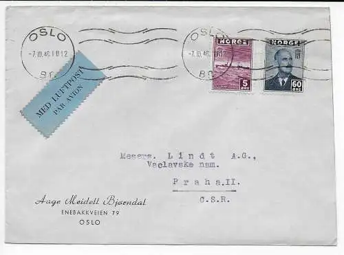 Norwegen: Oslo 1946 nach Prag, Luftpost