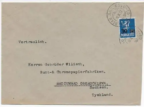 Norwegen: Bahnpost Oslo; Auskunftei Schimmelpfeng 1927