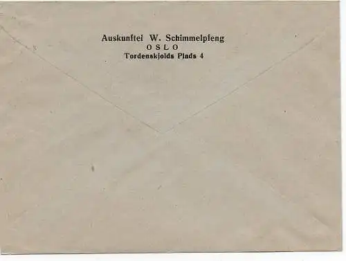Norwegen: Bahnpost Oslo; Auskunftei Schimmelpfeng 1927