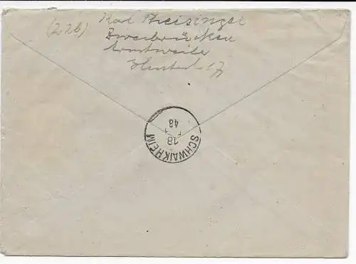 Franz. Zone: Einschreiben Zweibrücken 1948 nach Schwaikheim