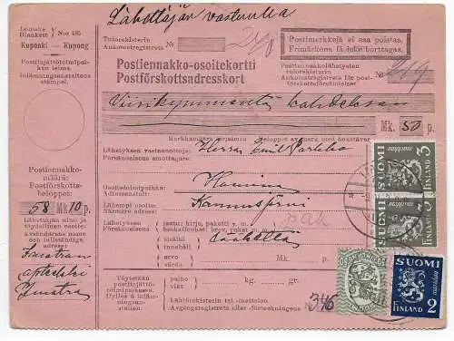 Finnland: Postförskottsadresskort, Paketkarte 1930