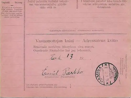 Finnland: Postförskottsadresskort, Paketkarte 1930