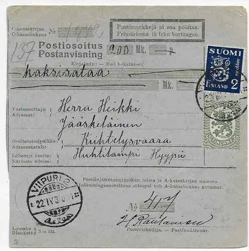 Finnland: Postanvisning, Postanweisung Viipuri 1930