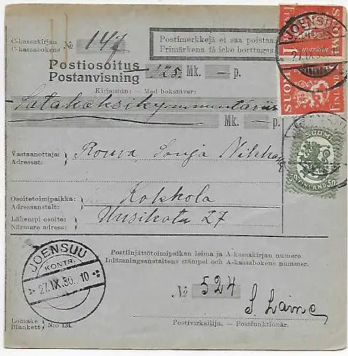 Finnland: Postanvisning, Postanweisung Joensuu 1930