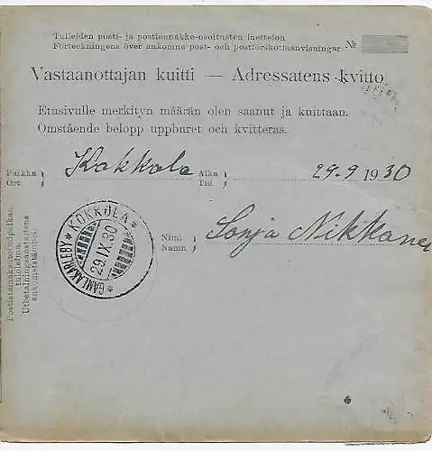 Finnland: Postanvisning, Postanweisung Joensuu 1930