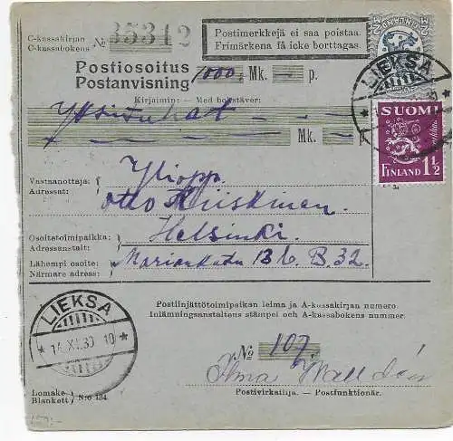 Finnland: Postanvisning, PostanweisungLieska nach Helsinki 1930